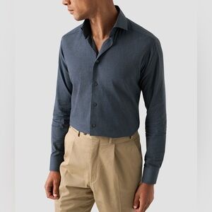 NEW ETON Men's Navy Blue Lightweight Houndstooth Twill Dress Shirt 46/18 slim